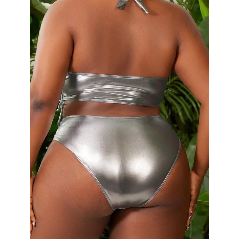 Women Lace Up Bikini Women Sexy High Waist Swimsuit Silver Hollow Swimwear Female Bathers Bathing Swimming Suit Summer Beachwear