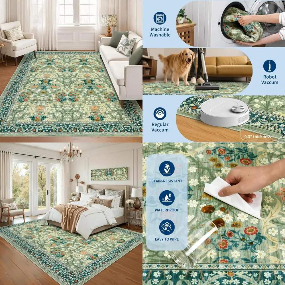 

Floral Patterned Washable Area Rug, 9x12 Feet, Soft Low Pile, Non-Slip for Living & Dining Rooms