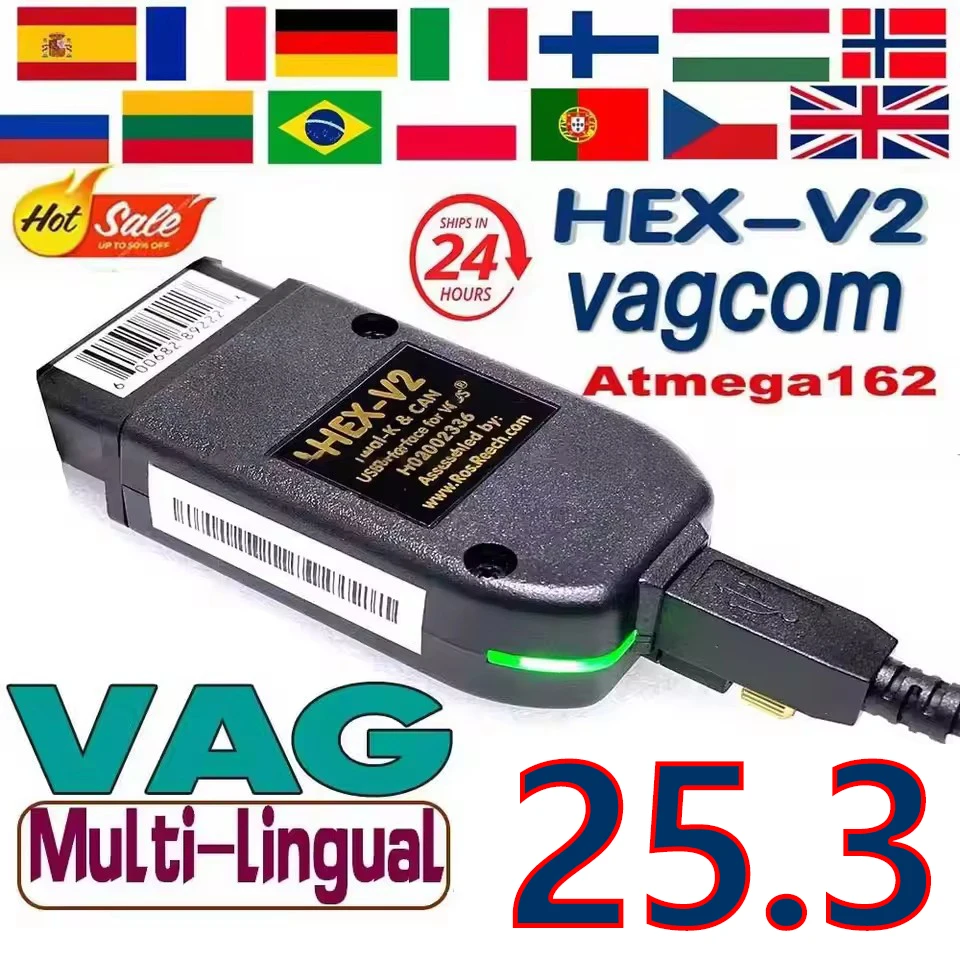 2025 plus récent VAG COM V25.3 Scanner HEX V2 USB Interface VCDS peut pour VW AUDI Skoda Seat illimité vignes polonais/anglais Atmega162