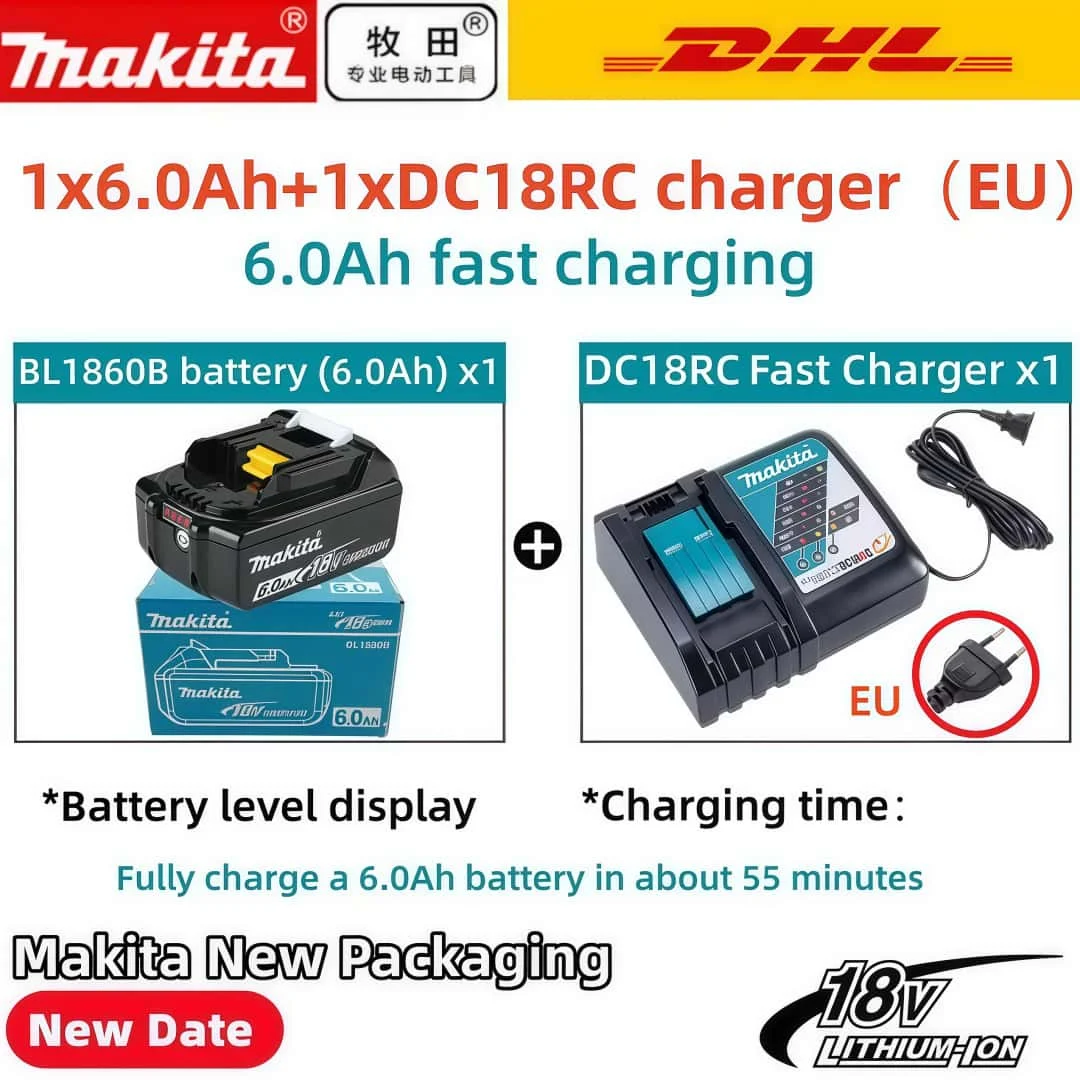 6Ah 100% Original Makita 18V Akku BL1860B Wiederaufladbarer Lithium-Ionen-Akku für Makita 18V Elektrowerkzeuge. Ersetzt den Original-Akku.
