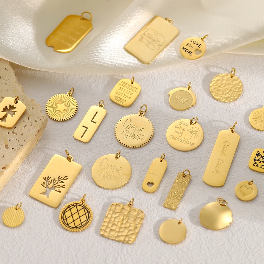Round Charm Engraved Logo Tags DIY Accessories Necklace Bracelet Gold Plated Stainless Steel Jewelry Charms for Jewelry Making