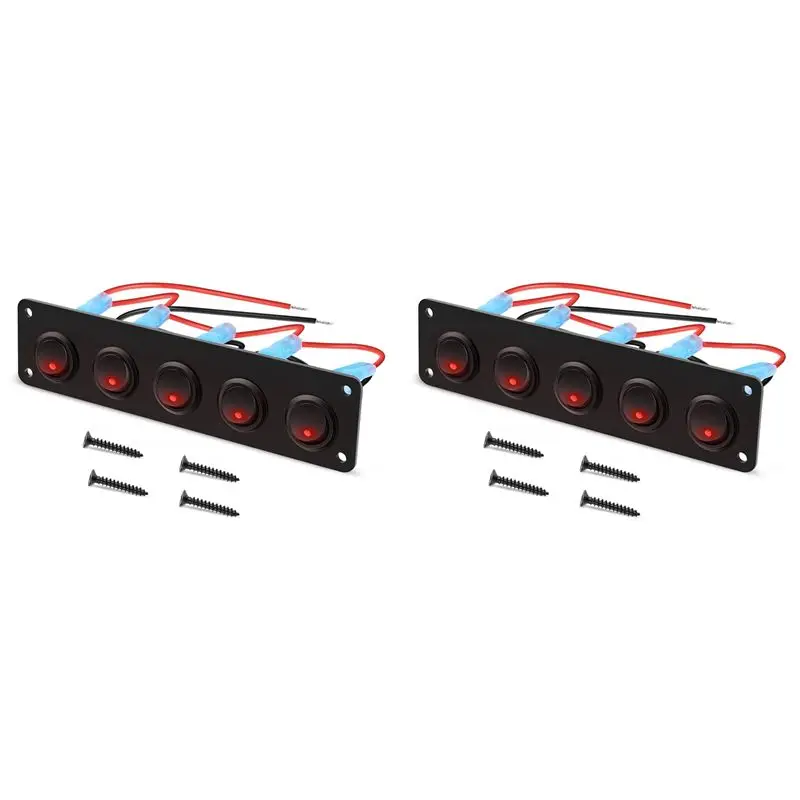 Authentic 2X 5 Gang Round Dash Rocker Toggle Switch Panel Waterproof 12-24V LED For RV Ship Yacht Marine Car Marine Ship Red