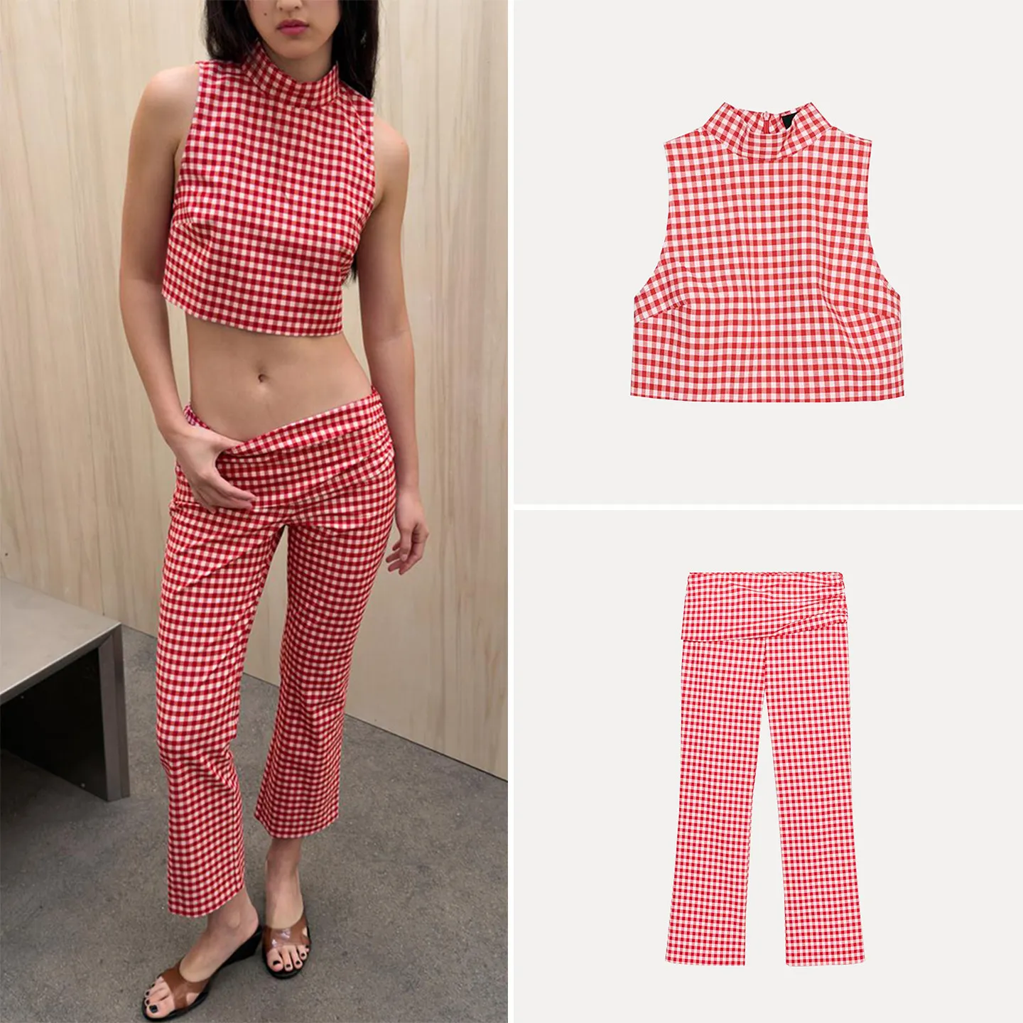 

Women's High Collar Short Checkered Top And Capri Pants Spring 2026 Fashion Set Zadata Brand Long Pants Spring Season