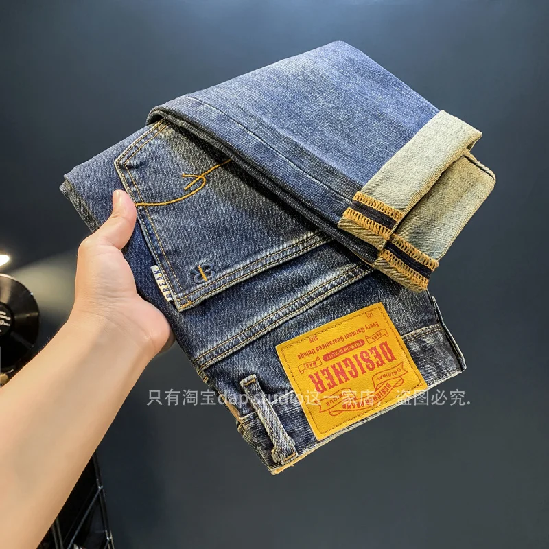 Blue Jeans for Men 2024 Autumn High-End Washed Fashion Embroidery Slim Fit Light Straight-Leg Vintage White Casual Denim Pants