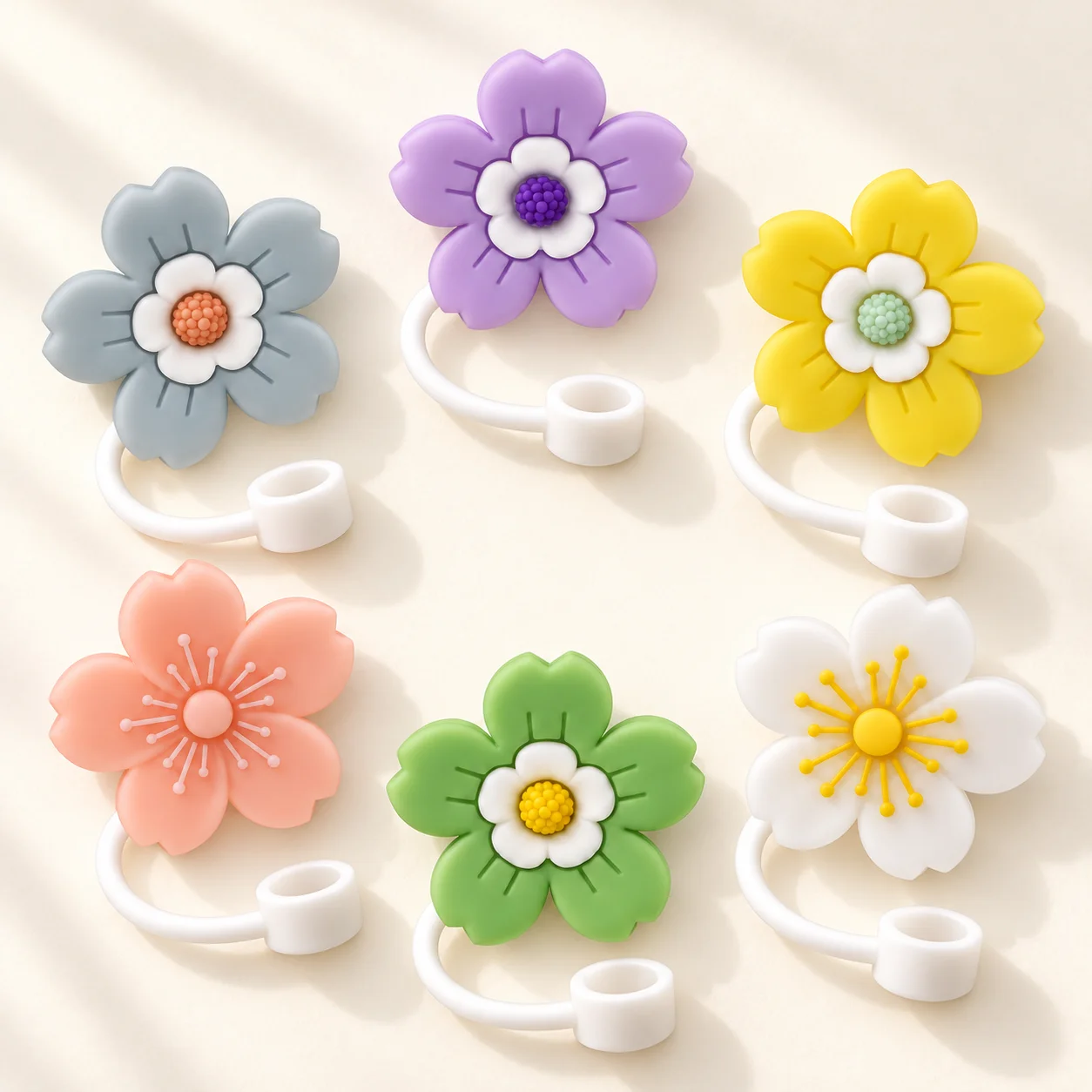 10mm Flower Silicone Straw Covers Straw Tip Caps Reusable Dust Covers for Stanley Straws Cup Accessory with Retaining Loops