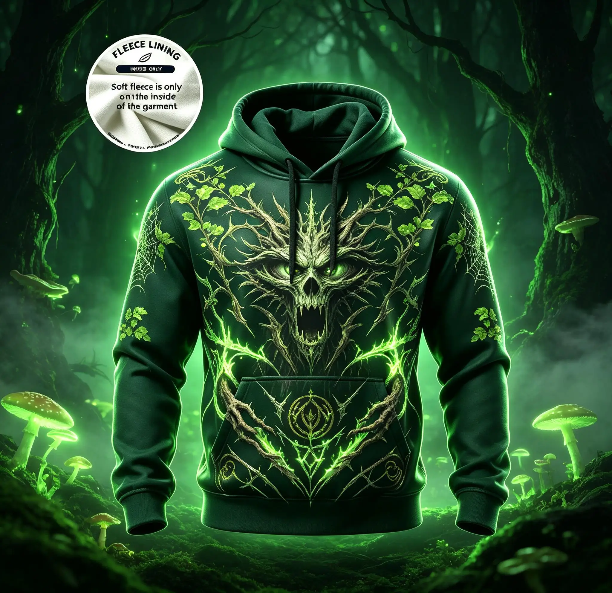 Men Fleece Lined Hoodie Army Green Forest Ent Skull Vine Full Print Drawstring Pullover Sweatshirt
