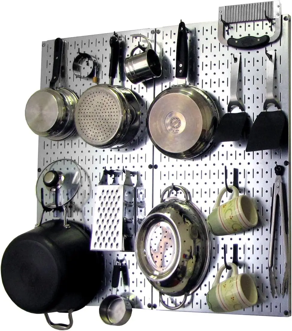 

Kitchen Pegboard Organizer Pots And Pans Storage Ra Organization Kit With Metallic Silver Pegboard And Bla Accessories