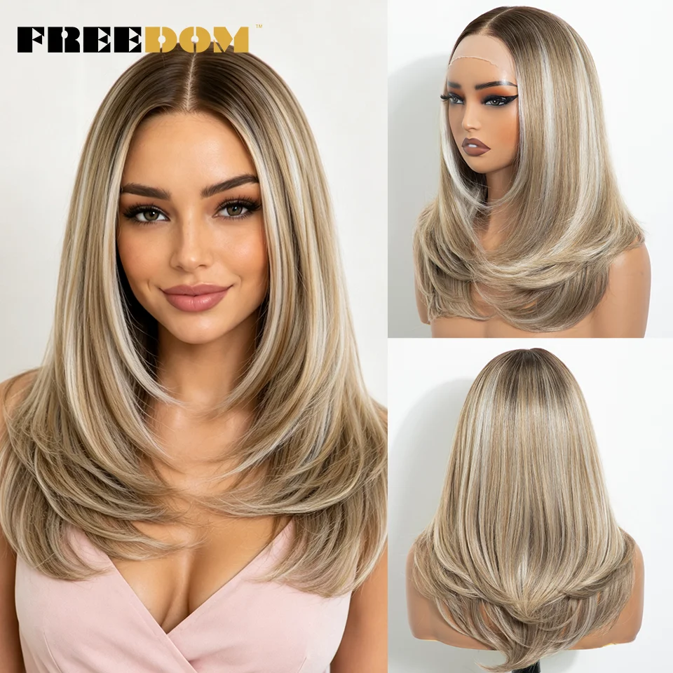 FREEDOM 13x6 Synthetic Lace Frontal Wigs For Women 20“ Pre Plucked Lace Front Wig Wear And Go Ombre Brown Daily Pre-cut Lace Wig