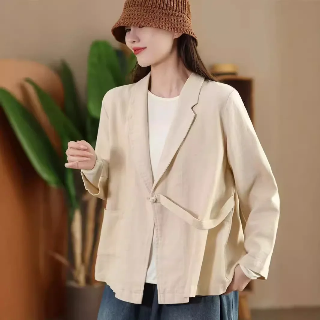Spring Summer New Fashion Linen Blazer for Women Single Buckle Turn-over Collar Outer Jacket Office Lady Loose Casual Coats