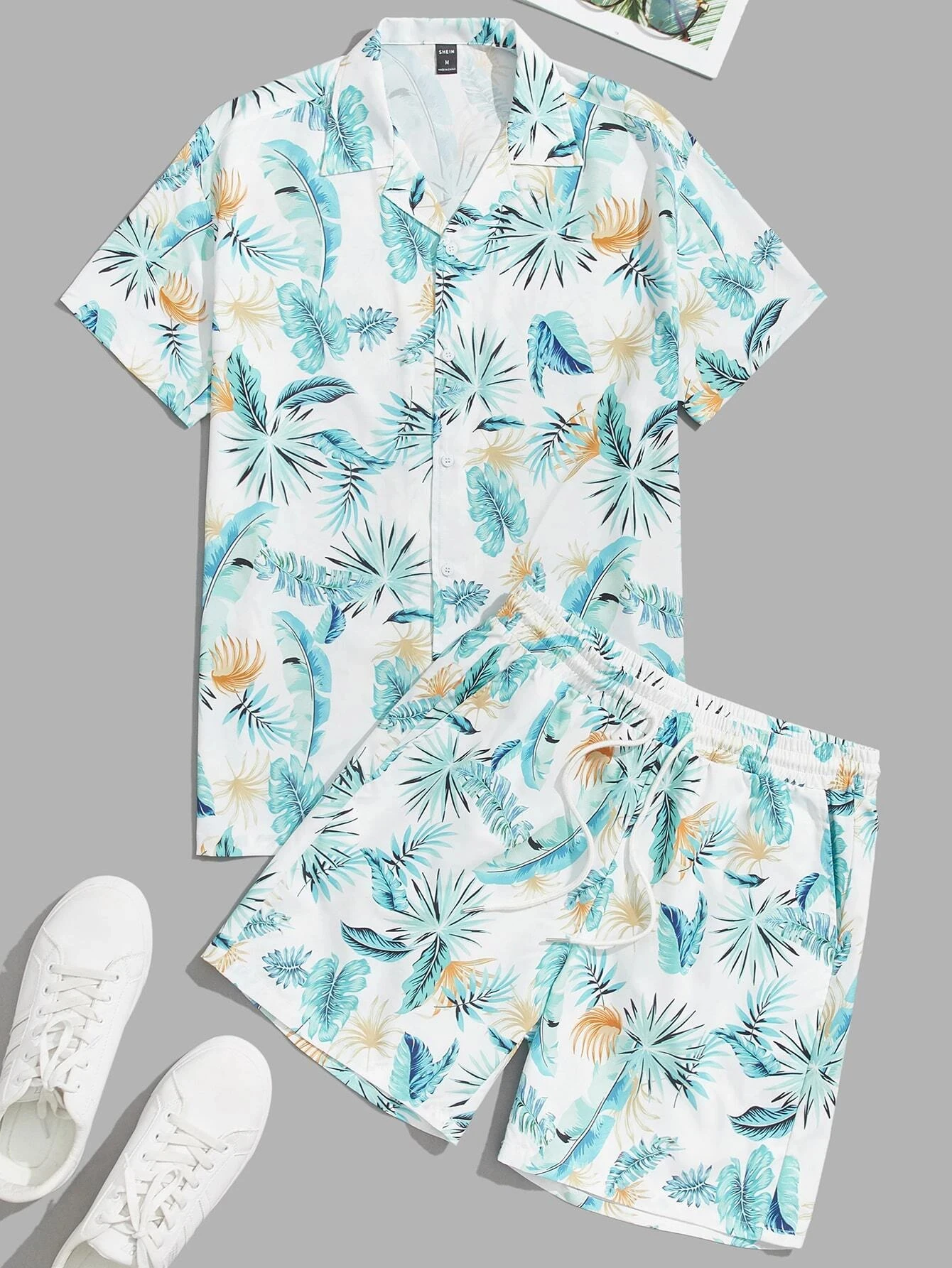 Men\'s and Women\'s Summer Short Sleeve Shirt Set Tropical Plant Flower Print Fashion Lapel Button Top Shorts