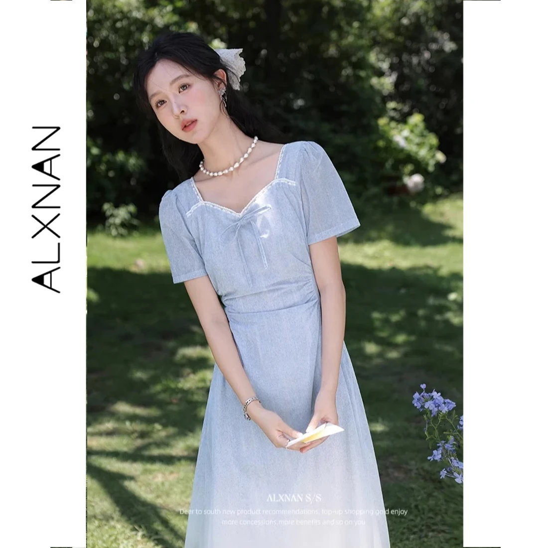 

ALXNAN Light Blue Long Dress Women Elegant A-line Holiday Short Sleeve Dress Vacation Casual Party Female Clothing DYL661807