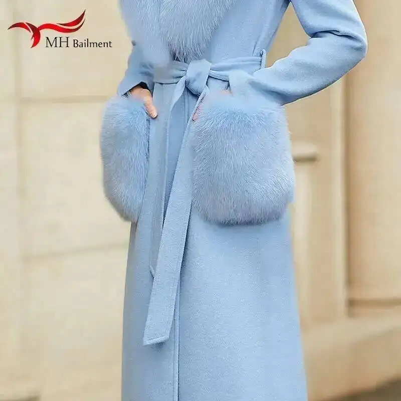 Women's Coat Woolen Pocket New 100% Real Fox Fur Color Matching Pocket 9.5*11CM Brand Bag Female Towel