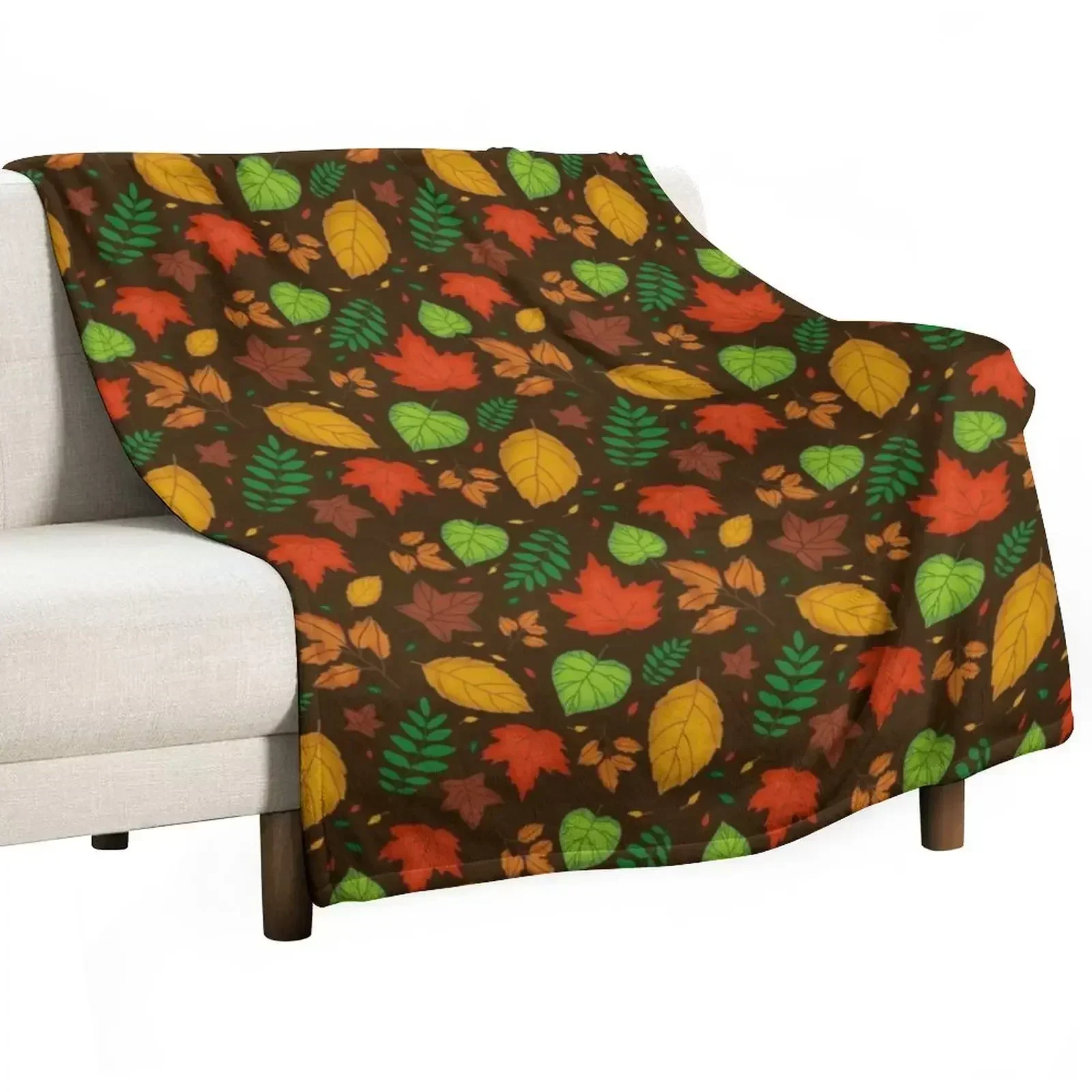 Autumn fall summer leaves pattern orange green and yellow leaves (brown background) Throw Blanket sofa bed Custom Blankets