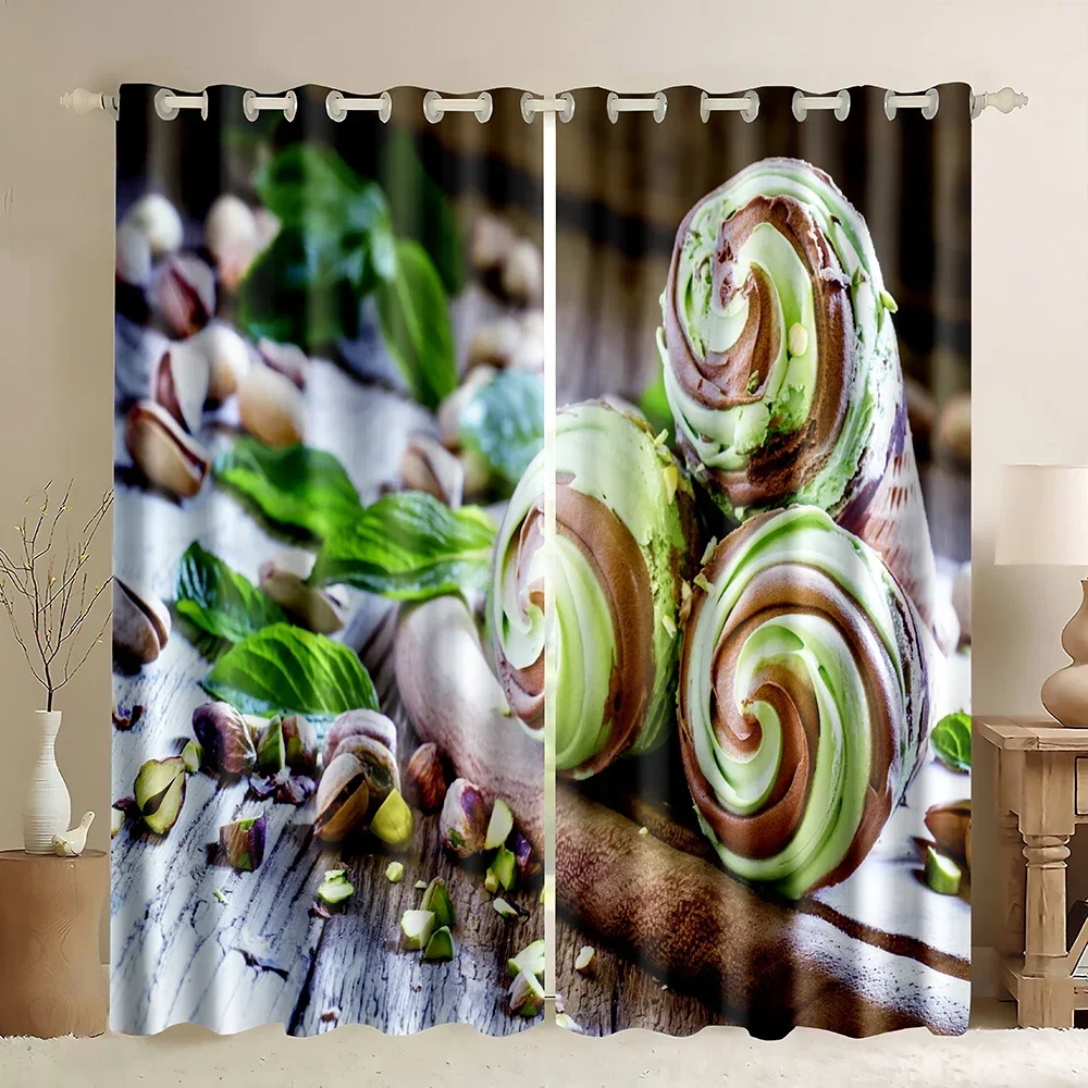 Ice Cream Window Curtains Ice Cream Cake Artwork Print Cones with Vibrant Colored Creamy Scoops and Popsicles Blackout Curtains