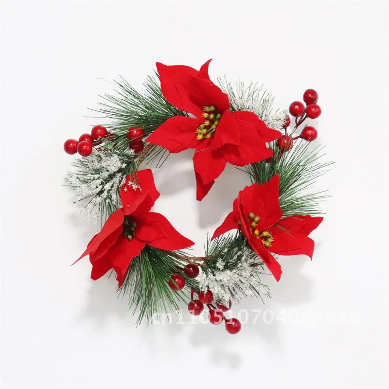 

New Red Christmas Flower PVC Pine Needle Door Hanging Christmas Wreath Candle Holder Candle Ring Pendant