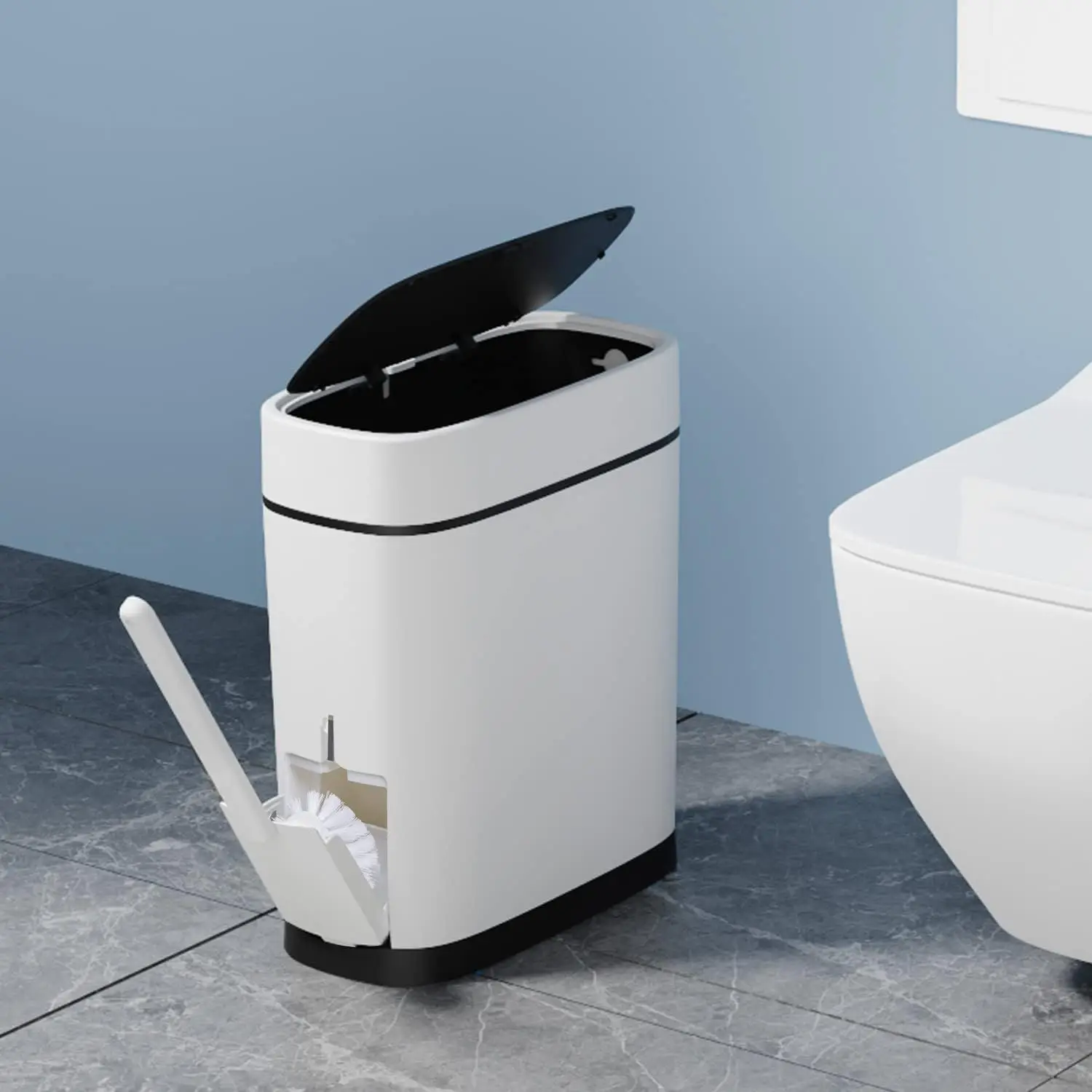 Plastic Garbage Can with Toilet Brush Holder, Black Locking Press Top Lid, Rectangular, Bathroom Trash Can, White, 14 Liter