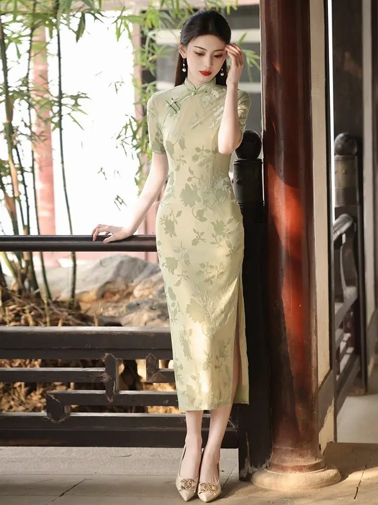 Improved Cheongsam Dress Qipao 2024 New Young Girl Orange Summer Daily Wearable Long Dress Chinese Summer Women Clothing