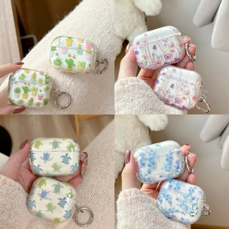 

Cute Cactus Tortoise Transparent Cover for AirPods Pro3 2025 4 3 2 1 Pro2 Headphone Case Protective Sleeve Earphone Ring Funda