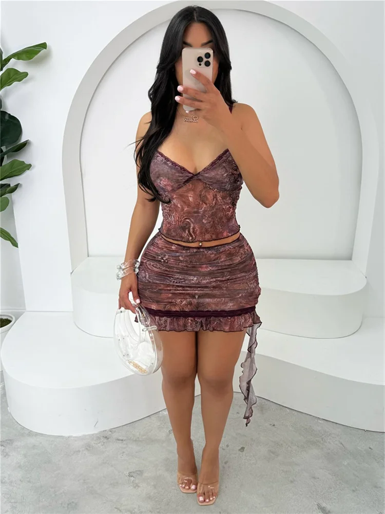 

Whatiwear Sexy Fashion 2 Piece Set Women Mesh Patchwork Print Low-Neck Backless Sling Top+Ruffle Tassel Skirt Street Hipster Set