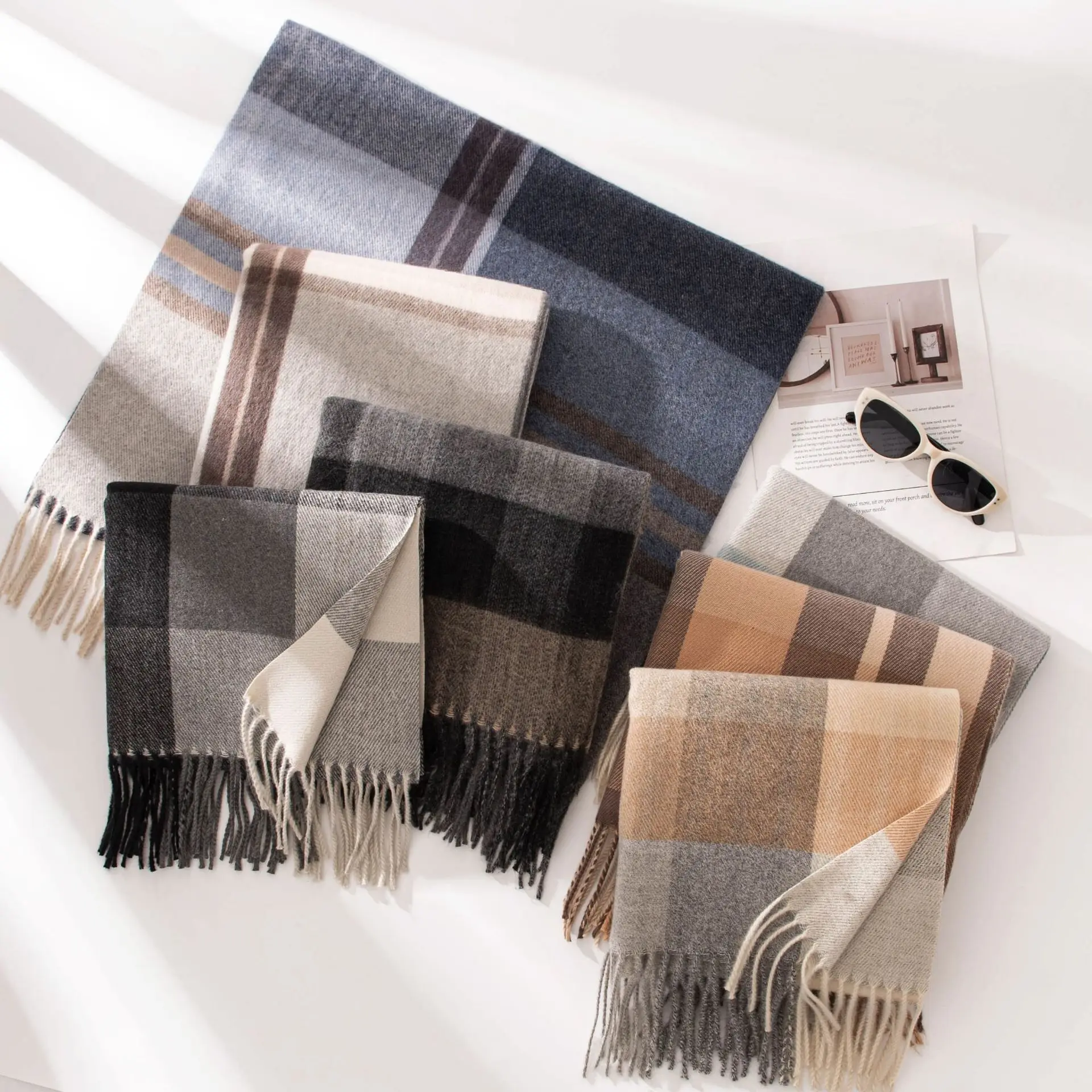 

Серый клетчатый зимний шарф для женщин, акриловая мягкая теплая модная дизайнерская шаль унисекс