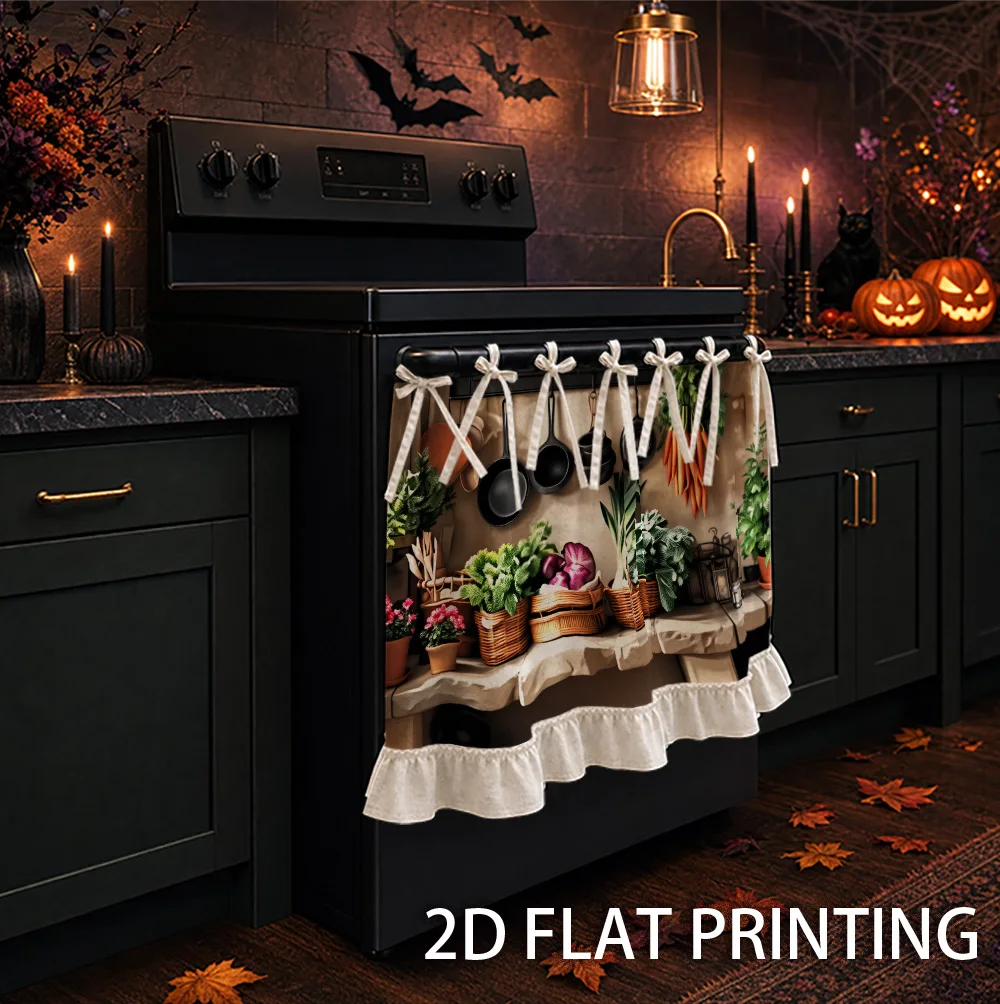 1PC kitchen stove curtain, cabinet curtain and apron. Featuring a 2D graphic design with a rustic kitchen theme, printed vegetab