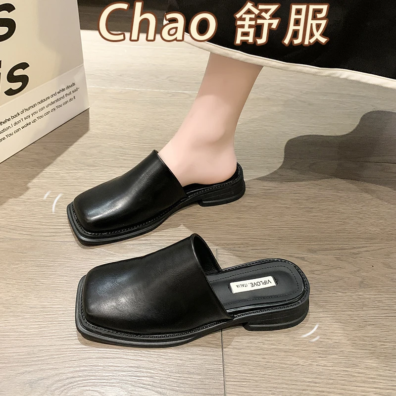 Shoes Mules For Women 2024 Square Toe Beige Heeled Sandals Ladies\' Slippers Shallow Low Loafers Black Cover Block Flat Slides Ba