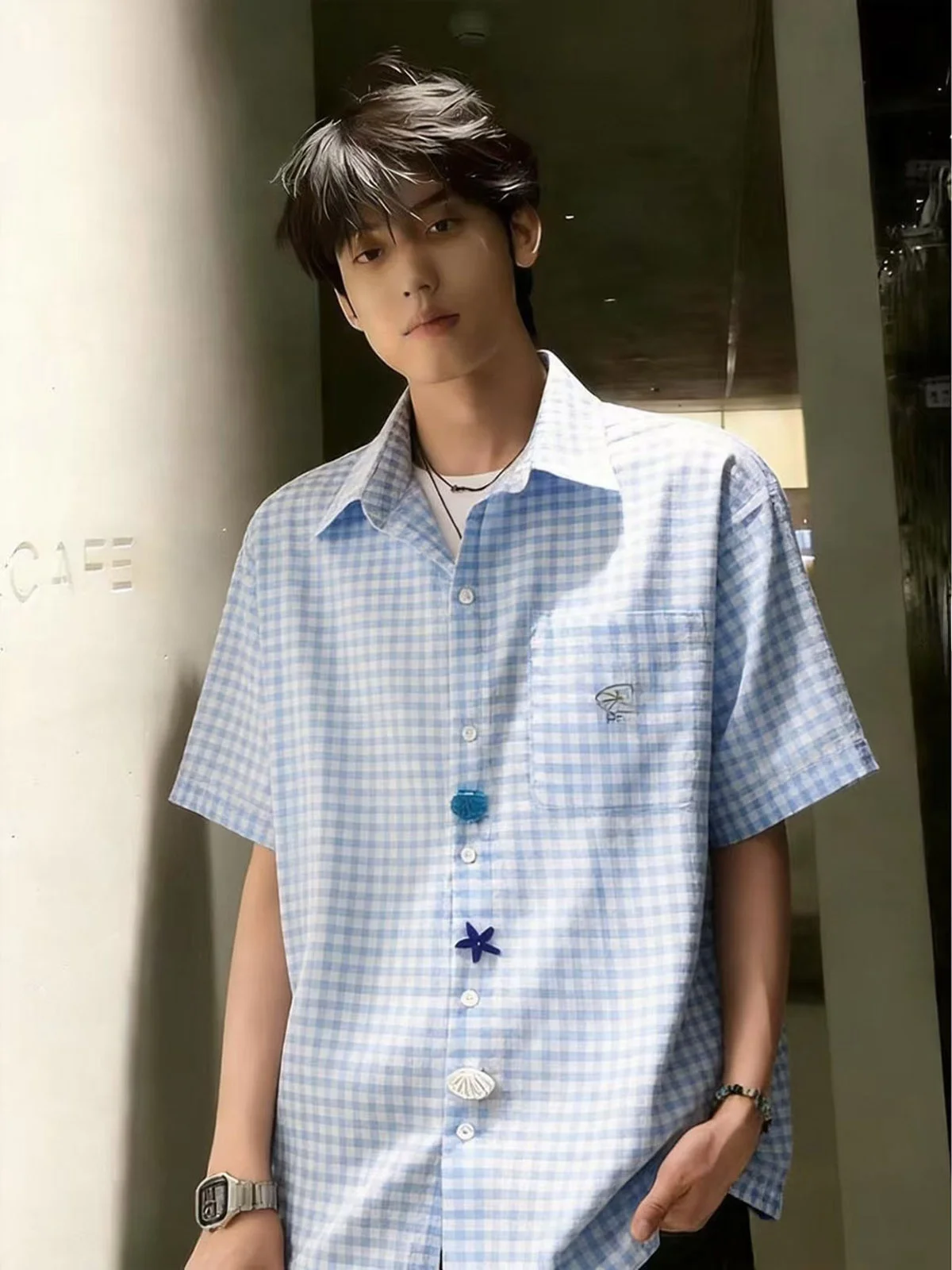 Summer Trend Bubble Short Sleeve Men's Shirt Fun Button Top Half Sleeve Dopaamine Check Beach Shirt Casual Loose Fit Youth Style