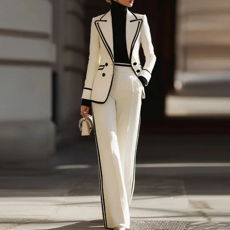 

A+ Sale Women's Double Breasted Blazer 2 Piece Set Lapel Long Sleeve Jacket with Long Pants Office Lady Formal Outfits