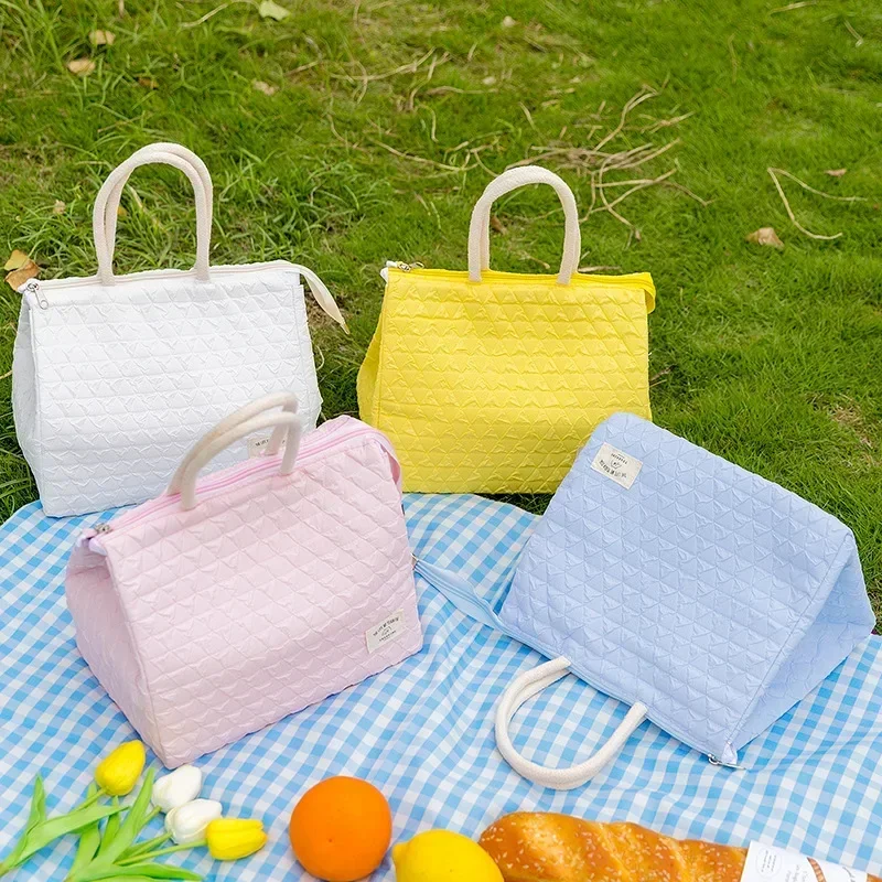 Solid Colour Women Waterproof Tote Bag Insulation Food Bag for Office  Lunch Box Bag New Fashionable Simple Large Capacity