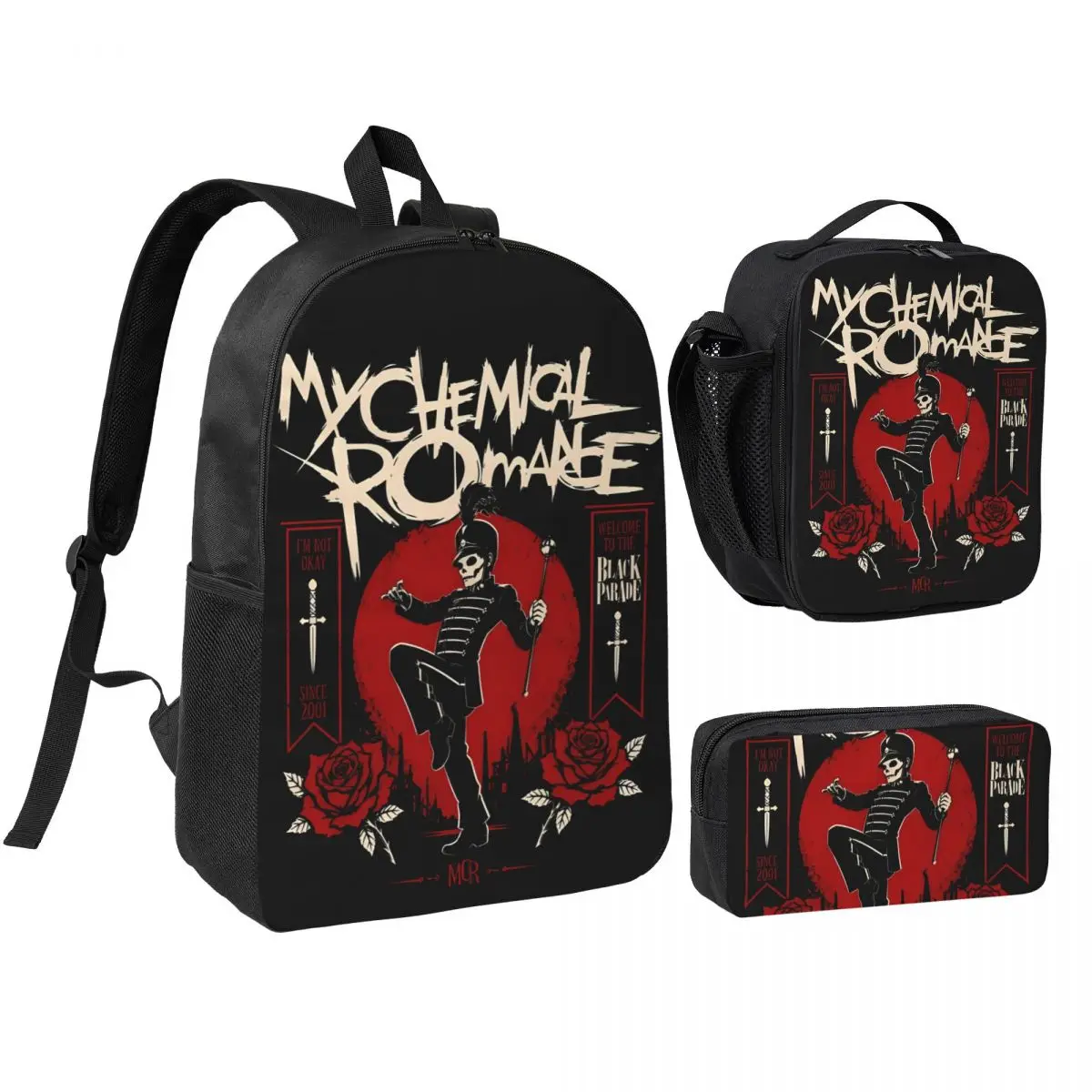 3Pcs The Black Parade 2026 Music My Chemical Romance Mcr Backpack Set Pen Bags Bookbag Sets with Lunch Box For School Daypack