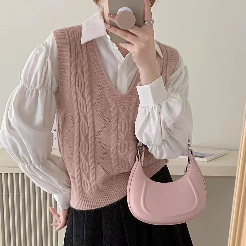 HELIAR Women V-neck Sweater Vest Solid Sleeveless Preppy Style Sweet Knitted Vest Female Casual Pullover Waistcoat Fall Winter