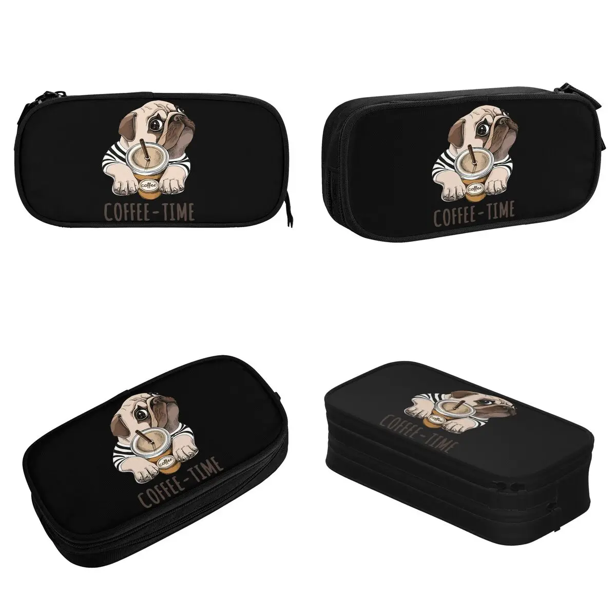 Coffee Time Pug Funny Dog Pet Pencil Cases Cute Bulldog Lover Animals Pen Box Bags Large Storage School Supplies astucci per matite