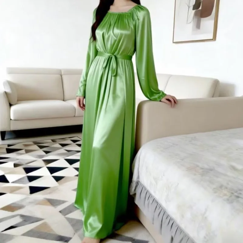 Glossy Ice Silk Night Robe With Belt Unisex Satin Long Dress Loose Maxi Dress Pullover Elegant Dresses Sleeping Wear Soft Silky