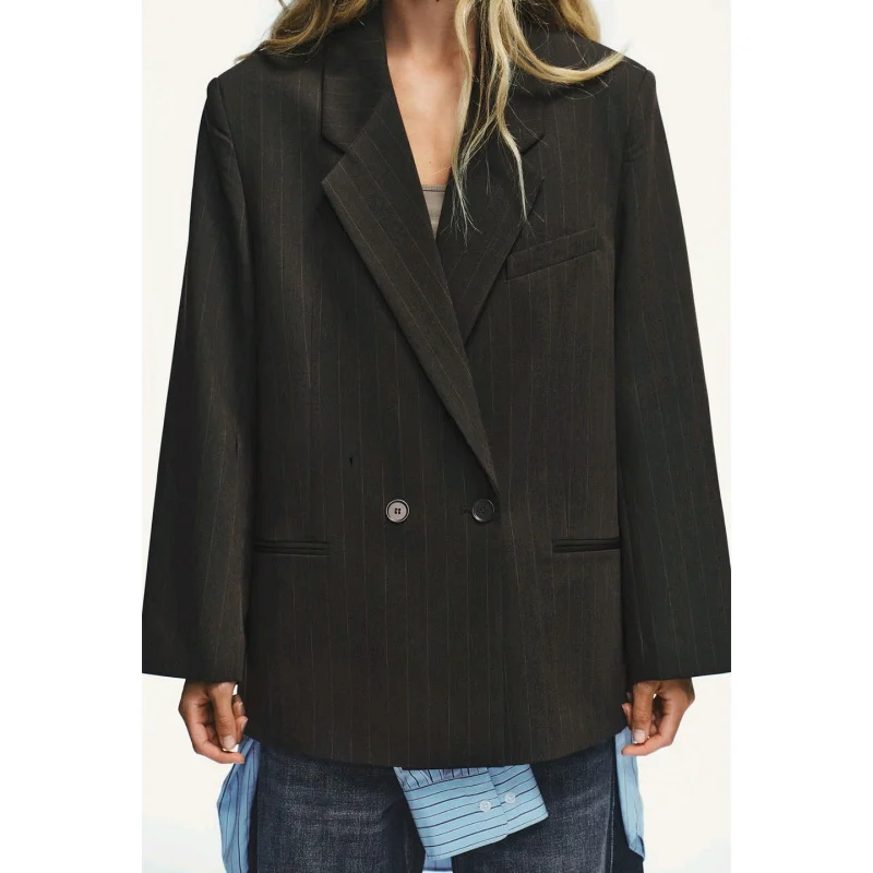 سترة نسائية جديدة للخريف بأكمام طويلة وياقة مقلوبة، تصميم فضفاض وأنيق بنمط مخطط، مصنوعة من ألياف البوليستر للارتداء اليومي #4