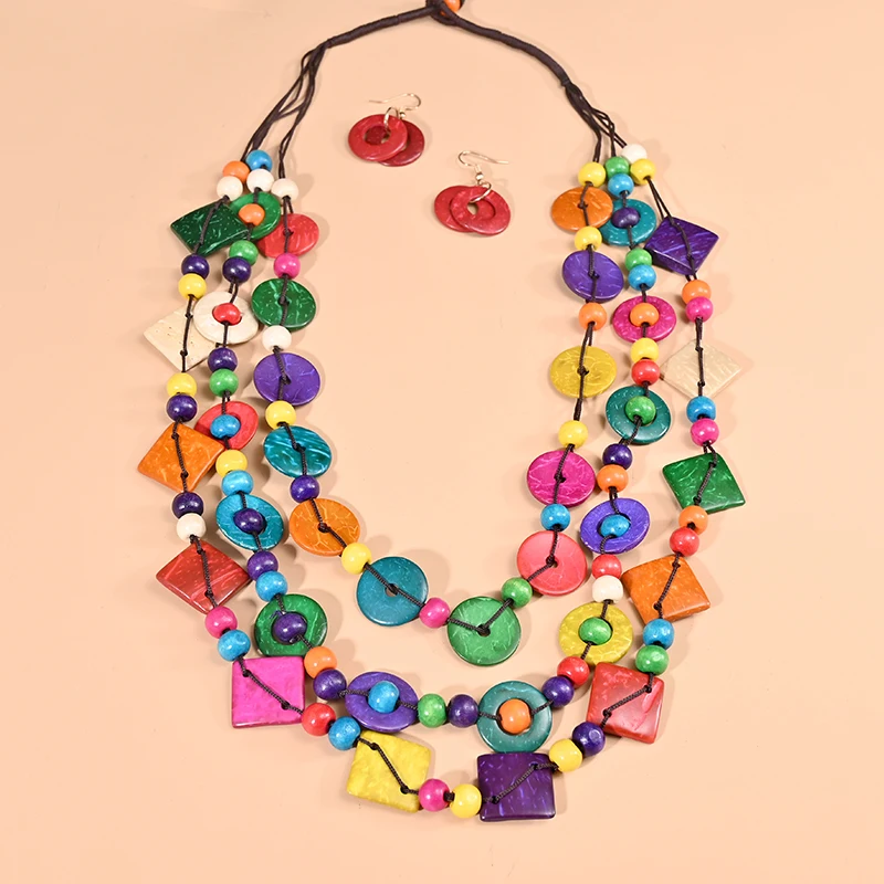 UDDEIN Bohemian Handmade Mulit Layer Colorful Wood Earring Necklace Sets Vintage Beads Jewelry Coconut Husk Collar