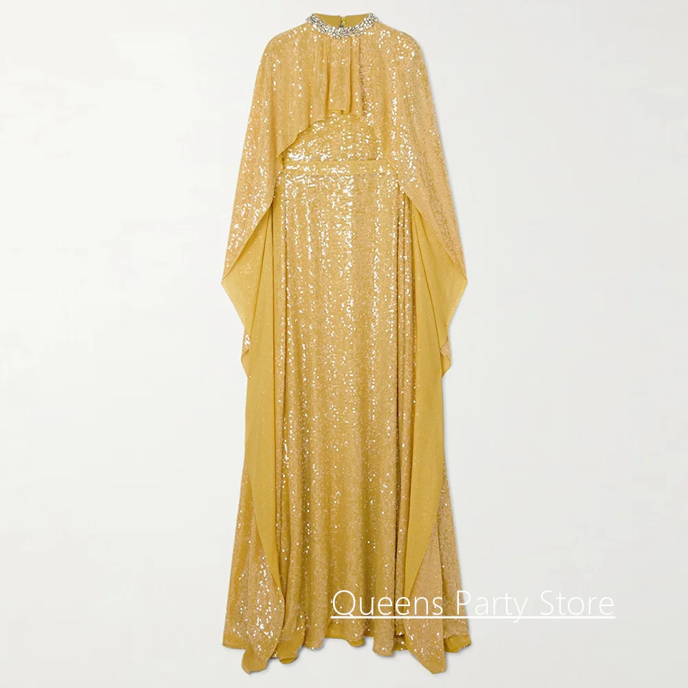 Mode-avondjurk op maat gemaakte hoge hals kristallen parels sweep trein een lijn lovertjes galajurk met cape robe de soiree