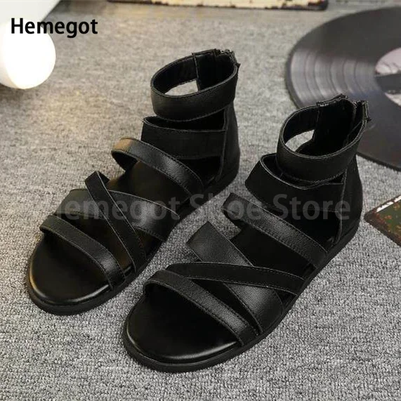 

Black Leather Men's Sandals Hollow Out Peep Toe Flats Roman Sandals Wear-Resistant Solid Color Shoes Handmade Men's Sandals