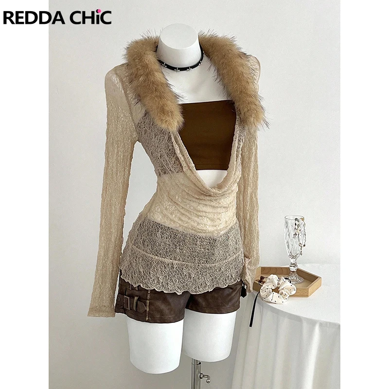 

REDDACHiC Текстурированный топ без бретелек, одинаковый комплект, прозрачная рубашка из искусственного меха с капюшоном и длинными рукавами, женская винтажная одежда в стиле гранж