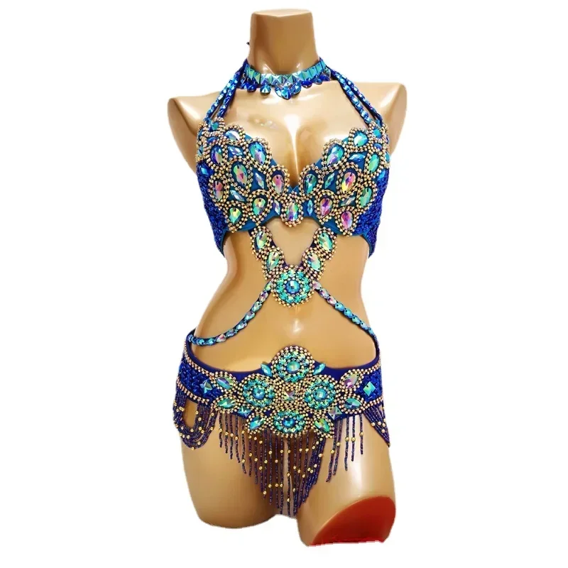 A 2025 Belly Dance Women Samba Carnival Rio Costume Bra and Belt Stage Performance Wear Handmade Beads Adult Show New xjr89