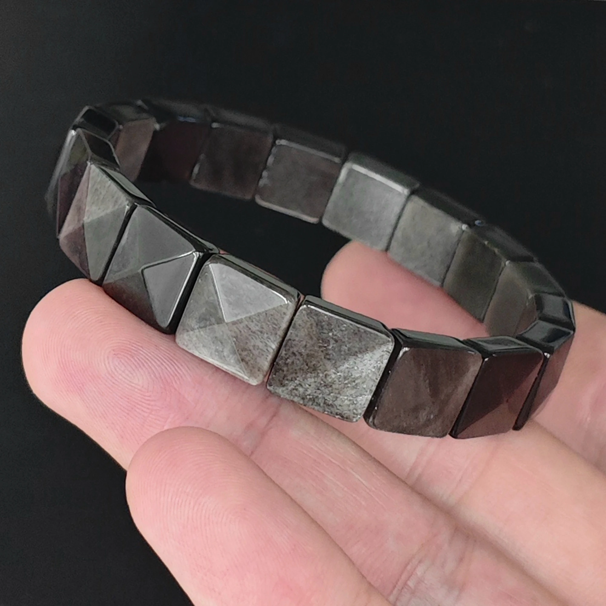 Silver Sheen Obsidian Bracelet Natural 11mm Pyramid Faceted Square Cube Bead Segment Bangle Unisex Gemstone Gift 16-22cm