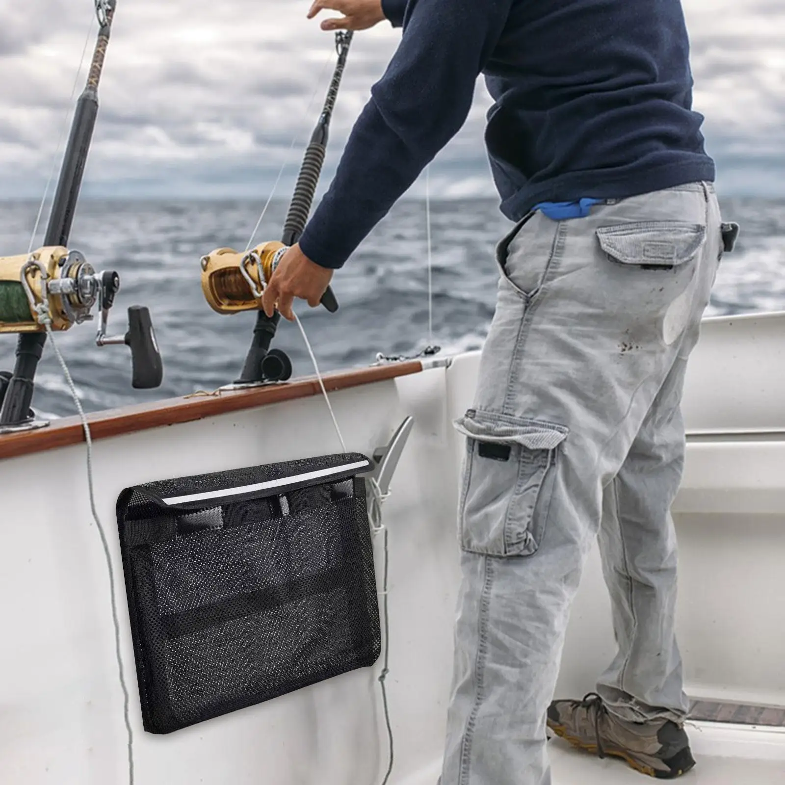 Self Adhesive Boat Storage Bag Tools Mesh Organizer with Reflective Strap for Fishing Boats Accessories and Marine Supplies