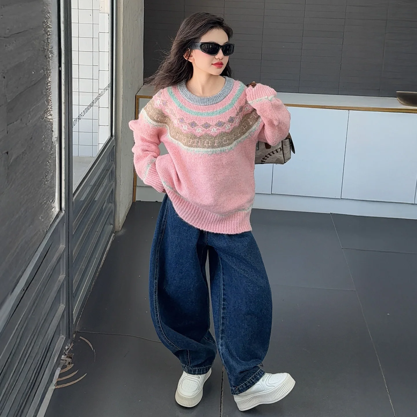 

Kid Sweater Ages 4-14Y Baby Girl Vintage Fashion Spring Autumn Pink Knitwear Tween Girl Y2k Outfit Child Cute Daily Pullover