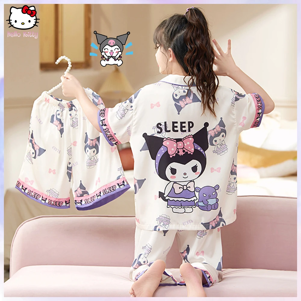 

3Pcs Kuromi Parent-Child Pajama Sets Anime Sanrio Kuromi Cinnamoroll Kawaii Ice Silk Lapel Short Sleeve T-Shirt Pants Shorts Set
