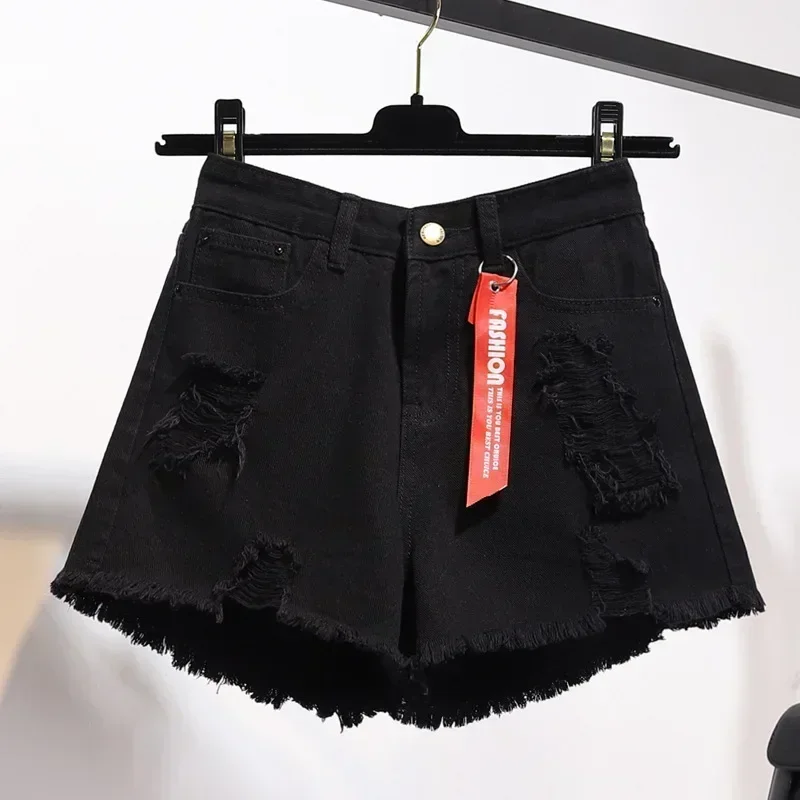 Large Size Denim With Ruffled Shorts Women's Summer High Waisted Loose Hole Wide Leg Student A-line Hot Pants Basic Short Jeans