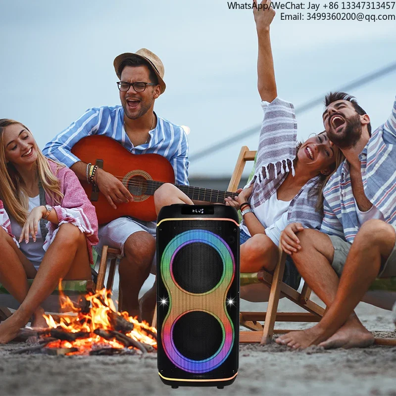 

Популярная аудиосистема для вечеринок: 2*8 дюймов, аккумулятор, 6 режимов LED-подсветки, беспроводной микрофон, USB, SD-плеер, колонка-тележка для семейного использования