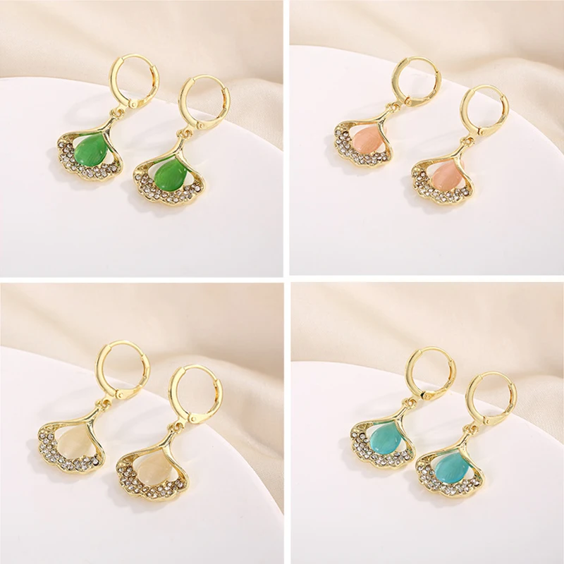 Shinning Cat's Eye Stone Ginkgo Leaf Ear Buckle for Women Exquisite Elegant Pink/Green/White/Blue Crystal Leaves Earrings Gift