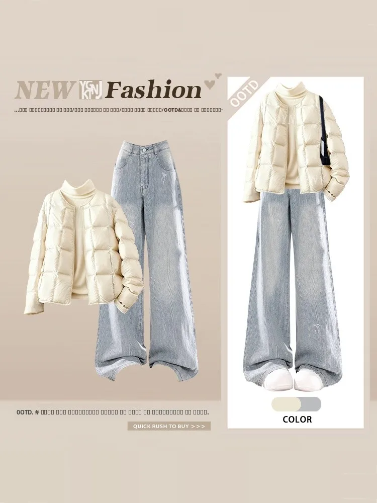 

Осенне-зимний хлопковый джинсовый комплект, свободные широкие джинсы с ромбовидным узором, простая футболка, женская модная повседневная одежда
