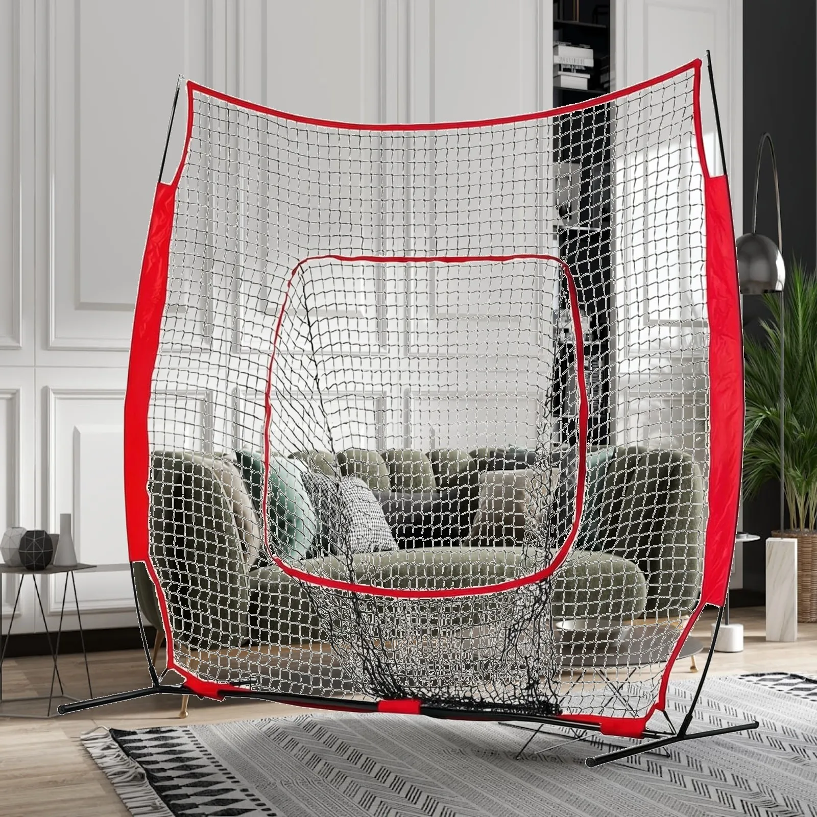 Youth Baseball Softball Practice Net with Recessed Catch Area for Pitching Throwing Drills Portable Iron Frame 210cm Target
