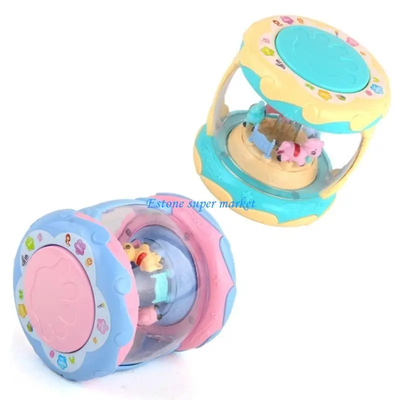 090B Brinquedo tambor mão formato giratório desenho animado com luzes coloridas Brinquedo apresentações música