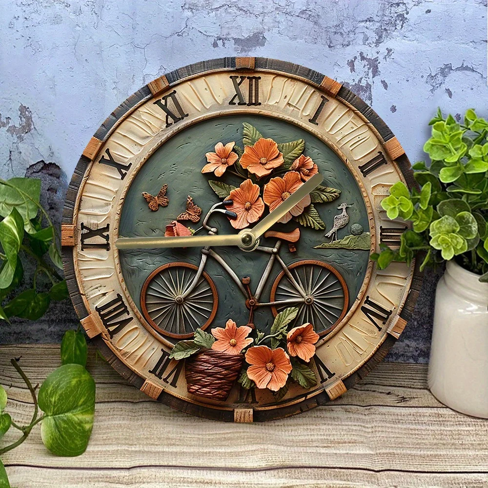 Reloj de pared con diseño de bicicleta y cesta de flores, perfecto para decoración de dormitorio, regalo del Día de la madre y del padre